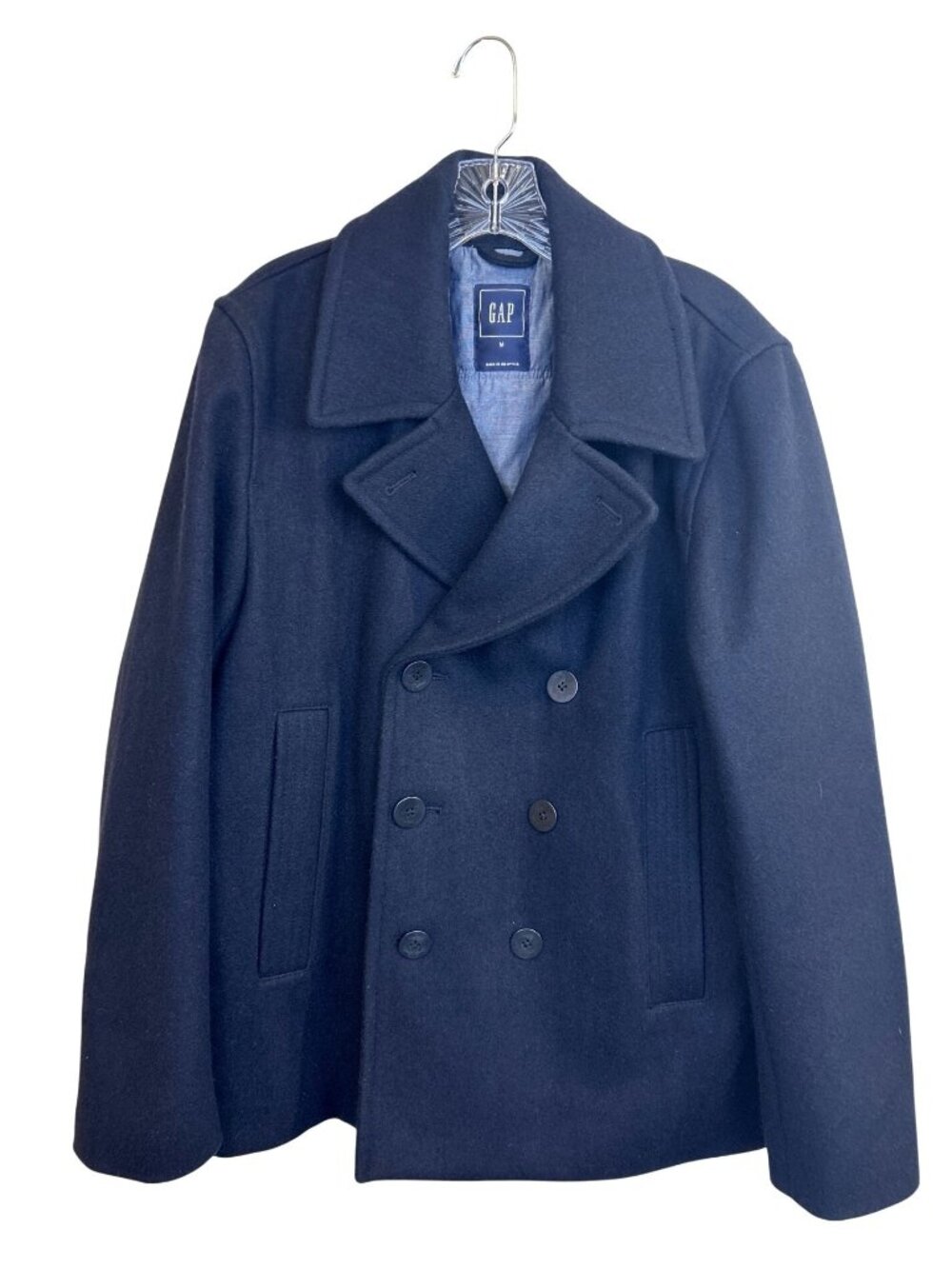Gap Men's M Navy Double Breasted Wool Pea Coat Anchor Buttons Preppy EUC